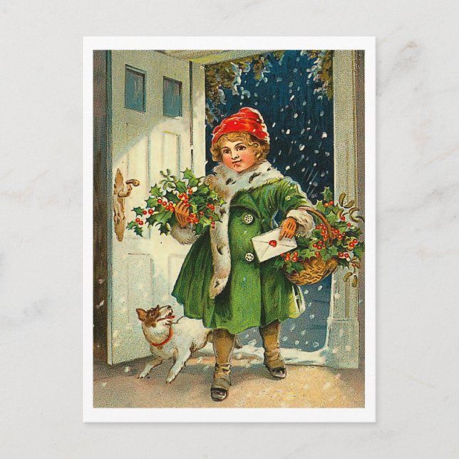 Little girl coming at Christmas eve with her dog Postcard (Front)