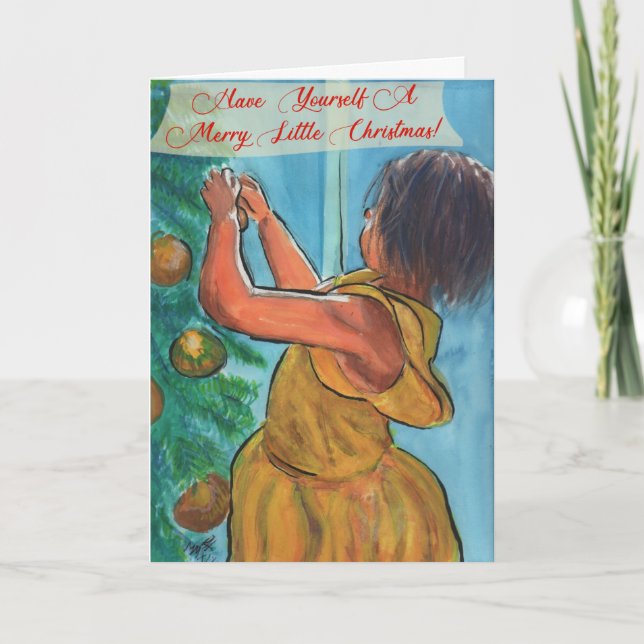 Little girl decorating Christmas tree Card (Front)