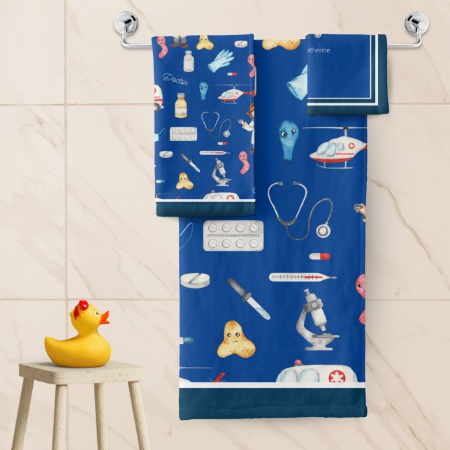 Little Girl Doctor Medical Pattern with Name, Blue Bath Towel Set (Creator Uploaded)
