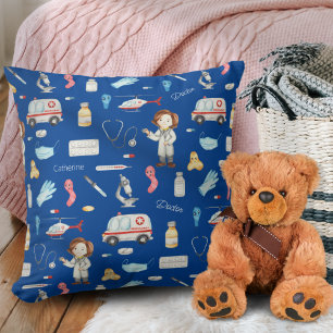 Little Girl Doctor Medical Pattern with Name, Blue Cushion