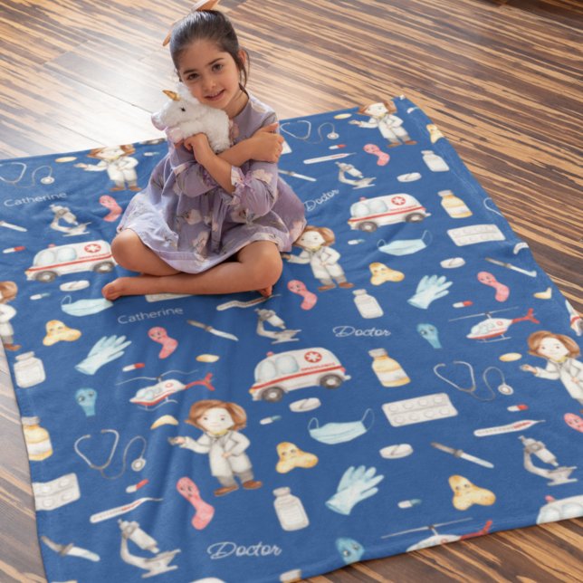 Little Girl Doctor Medical Pattern with Name, Blue Fleece Blanket (Creator Uploaded)