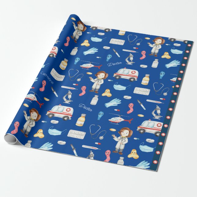 Little Girl Doctor Medical Pattern with Name, Blue Wrapping Paper (Unrolled)