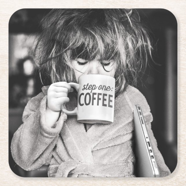 Little Girl Drinking Coffee Square Paper Coaster (Front)