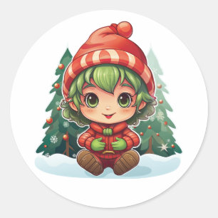 Little Girl Elf Xmas Magic Classic Round Sticker