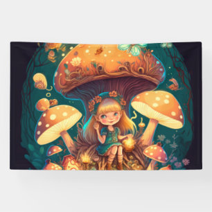 Little girl elve among mushrooms banner