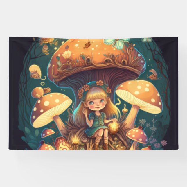 Little girl elve among mushrooms banner (Horizontal)
