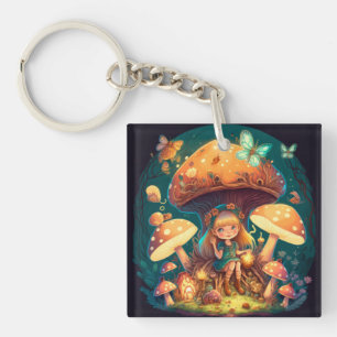 Little girl elve among mushrooms key ring
