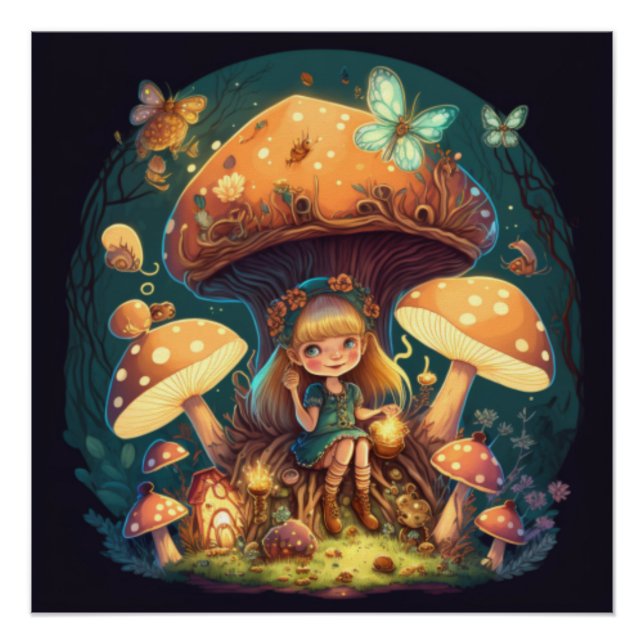Little girl elve among mushrooms poster (Front)