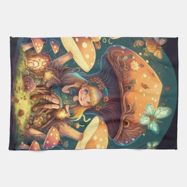 Little girl elve among mushrooms tea towel (Horizontal)