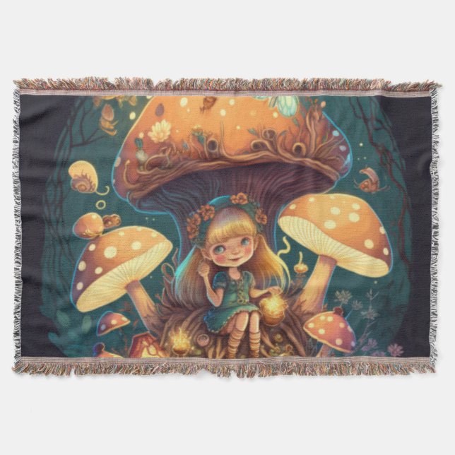 Little girl elve among mushrooms throw blanket (Front)