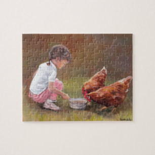Little Girl Feeding Chickens Original Art Puzzle;e Jigsaw Puzzle