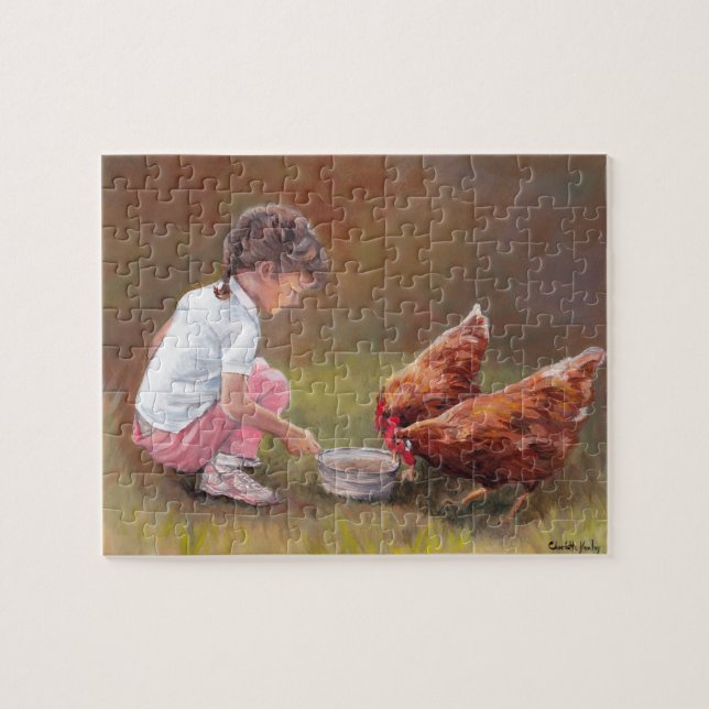 Little Girl Feeding Chickens Original Art Puzzle;e Jigsaw Puzzle (Horizontal)