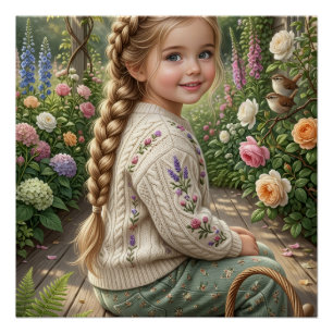Little Girl Flower Basket Forest Spring Nature Fle Poster