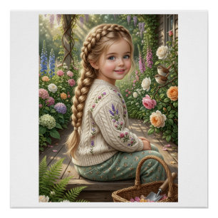 Little Girl Flower Basket Forest Spring Nature Fle Poster