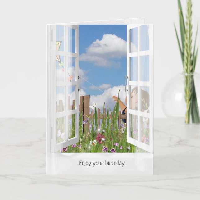 Little girl flying a kite in window view card (Front)