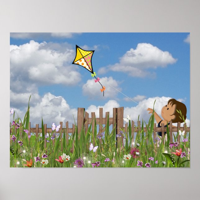 Little Girl Flying A Kite Poster (Front)