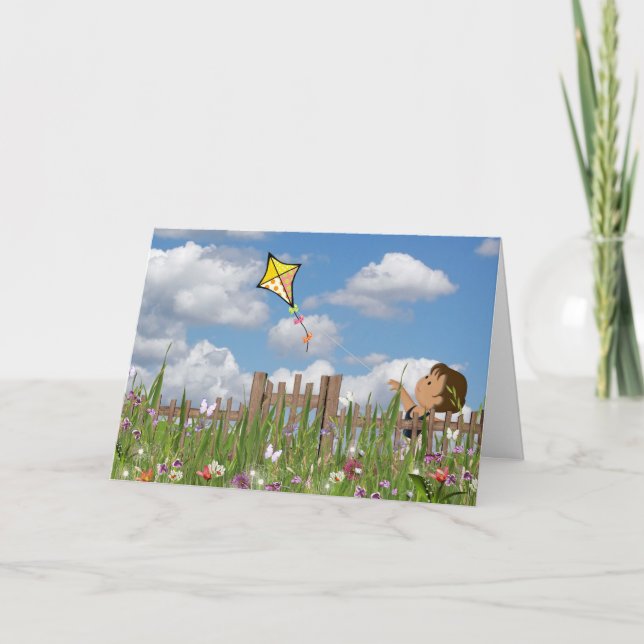 little girl flying kite in summer garden card (Front)