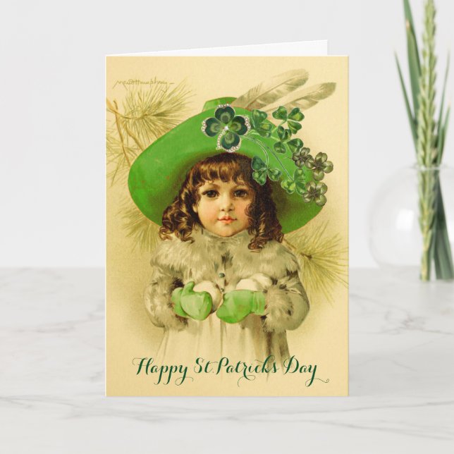 Little Girl,Green Hat,Shamrocks,St Patrick's Day Holiday Card (Front)