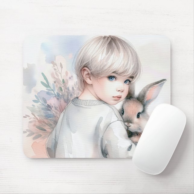Little Girl Holding a Bunny Mouse Pad (With Mouse)