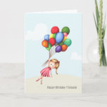 Little Girl holding Big Balloons Birthday Card<br><div class="desc">This card is perfect for any age. It's unique, sweet and colourful at the same time. Great for people who value something different and cute. The card has an illustration of a girl holding a bunch of colourful balloons and floating away. Customise the sentiment with your own message. The background...</div>