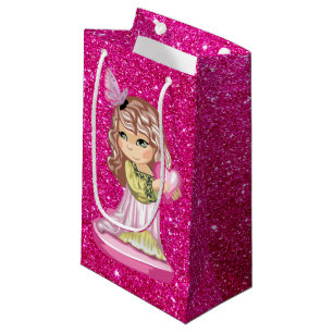 Little Girl Holding Heart Fuschia Faux Glitter Small Gift Bag