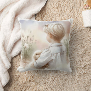 Little Girl Holding Her Pet Bunny Cushion