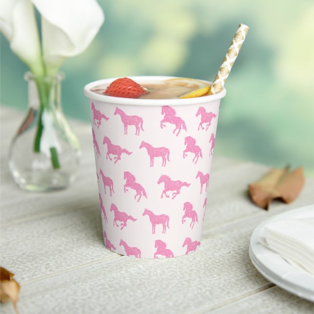 Little Girl Horse Lover Pink Glitter Birthday Paper Cups (Insitu)