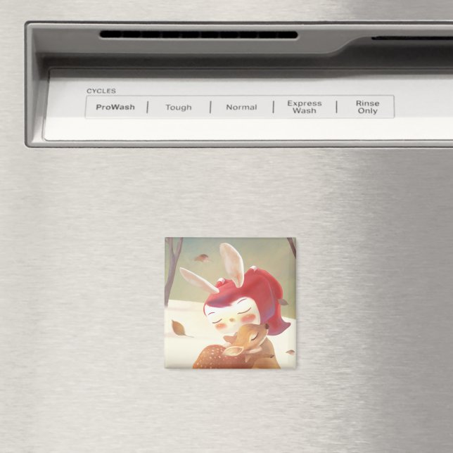Little Girl Hugging Deer Magnet (In Situ (Dishwasher))