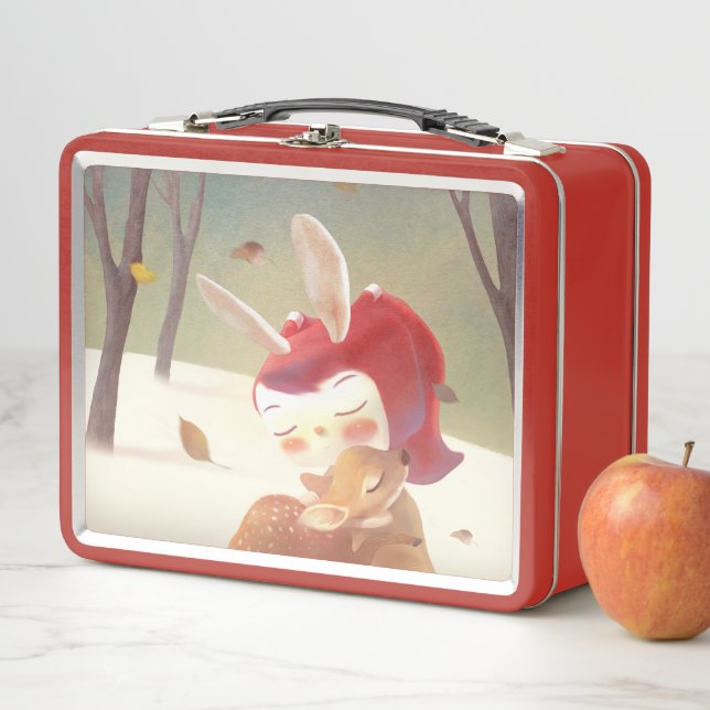 Little Girl Hugging Deer Metal Lunch Box (In Situ)