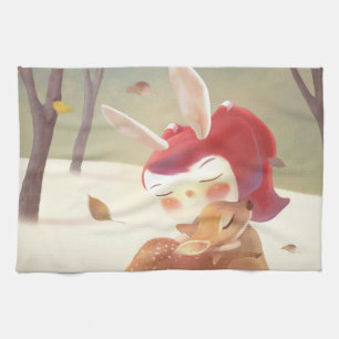 Little Girl Hugging Deer Tea Towel
