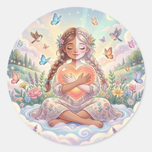 Little Girl Hugging Peaceful Heart Classic Round Sticker