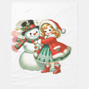 Little Girl Hugs Her Snowman Fleece Blanket