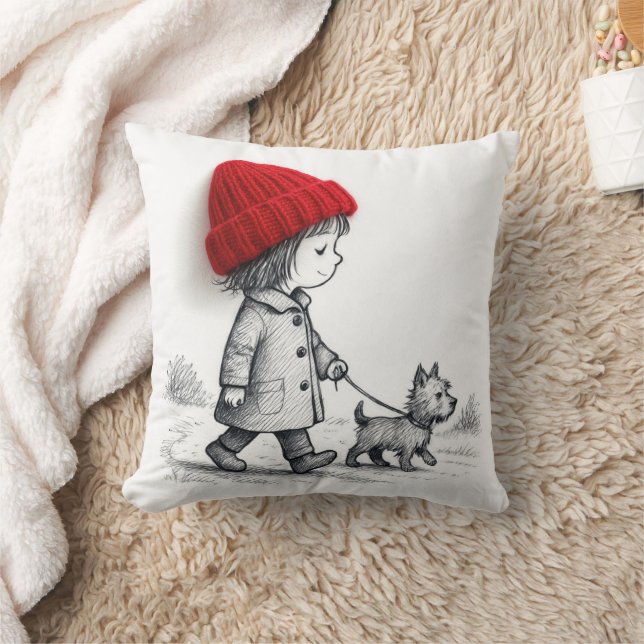 Little Girl In 3-D Red Hat Walking Her Dog Cushion (Blanket)
