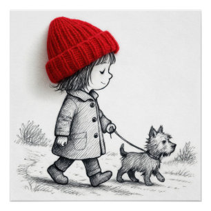Little Girl In 3-D Red Hat Walking Her Dog Poster