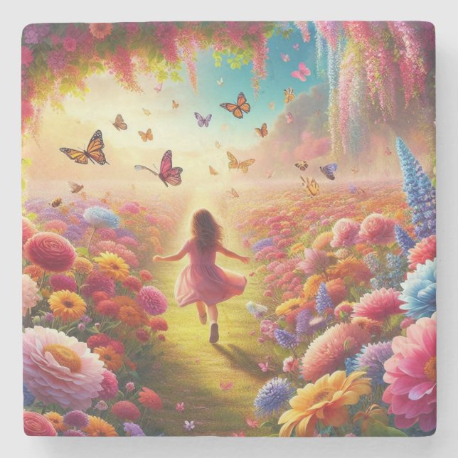 Little Girl in a Field of Flowers and Butterflies Stone Coaster (Front)