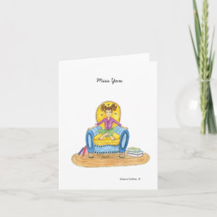 Little girl in blue chair miss you blank note card