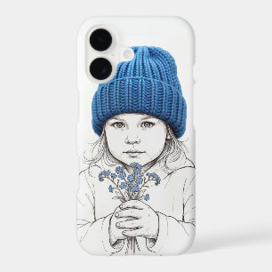 Little Girl In Blue Hat and Forget-me-not Flowers