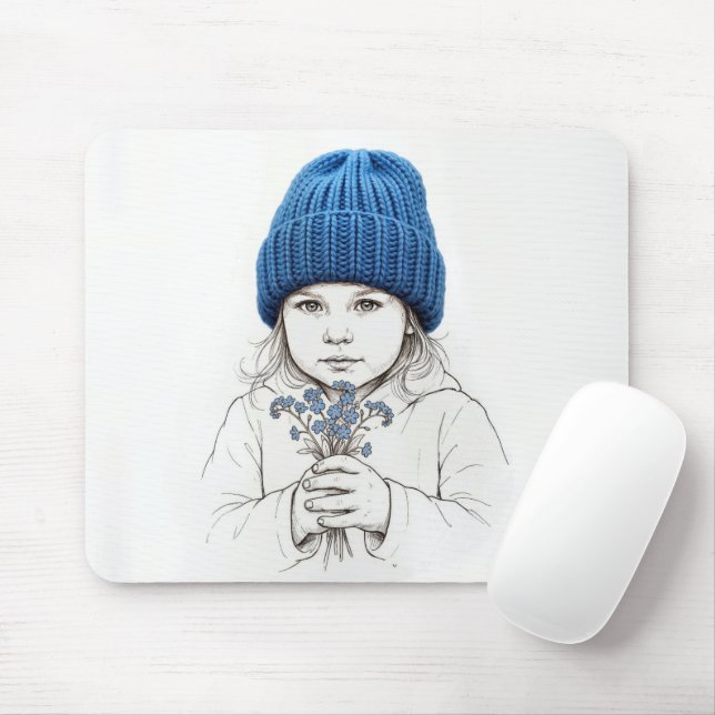 Little Girl In Blue Hat with Forget-me-not Flowers Mouse Pad (With Mouse)