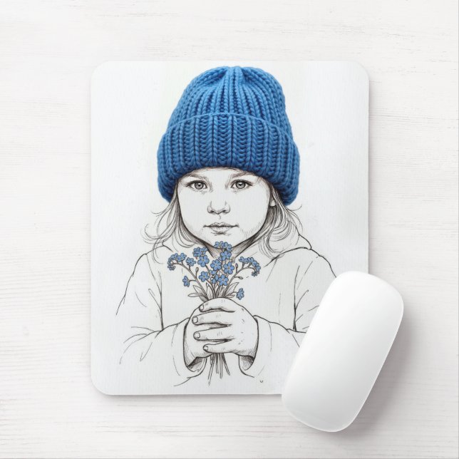 Little Girl In Blue Hat with Forget-me-not Flowers Mouse Pad (With Mouse)