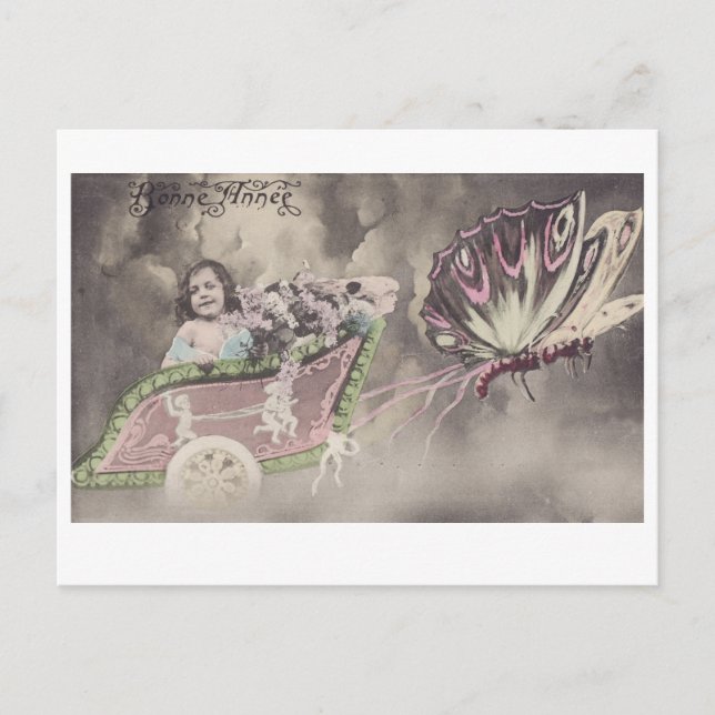 Little Girl in Butterfly Chariot vintage postcard (Front)