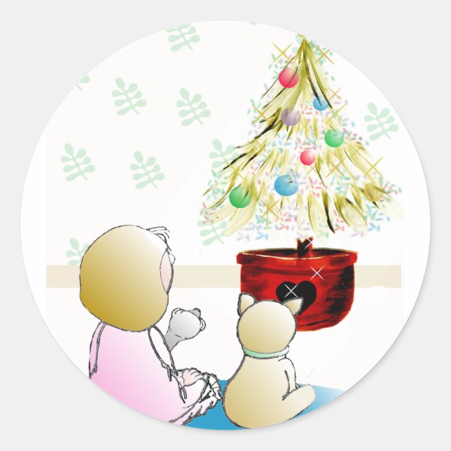 Little Girl in Nightgown Christmas Eve Classic Round Sticker (Front)