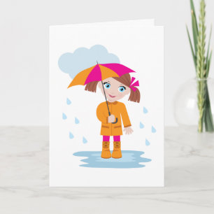 Little Girl in Orange Raincoat with Pink Umbrella Card