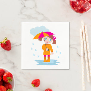 Little Girl in Orange Raincoat with Pink Umbrella Napkin