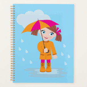 Little Girl in Orange Raincoat with Pink Umbrella Planner