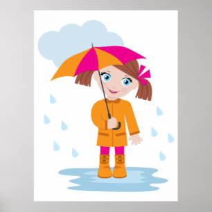 Little Girl in Orange Raincoat with Pink Umbrella Poster