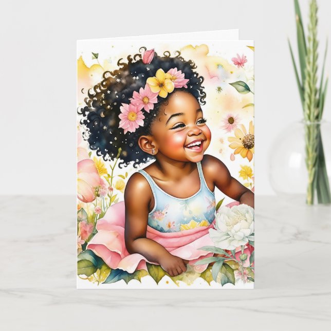 Little Girl in Pink Flowers Personalised Birthday Card (Front)