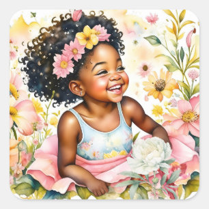 Little Girl in Pink Flowers Personalised Birthday Square Sticker