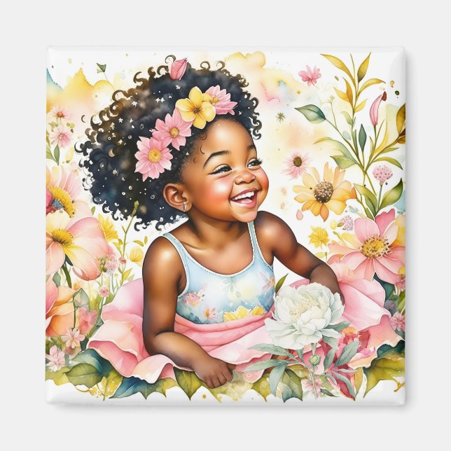 Little Girl in Pink Flowers Watercolor Art Magnet (Front)