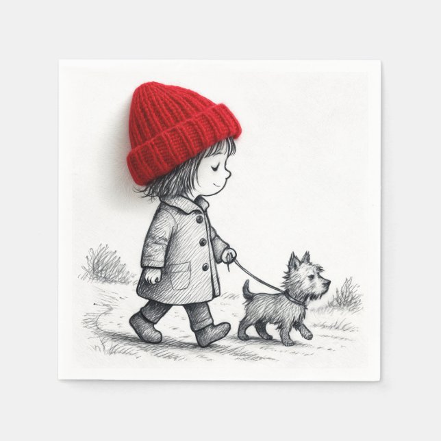 Little Girl In Red Hat Walking Her Dog Napkin (Front)