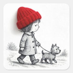 Little Girl In Red Hat Walking Her Dog Square Sticker